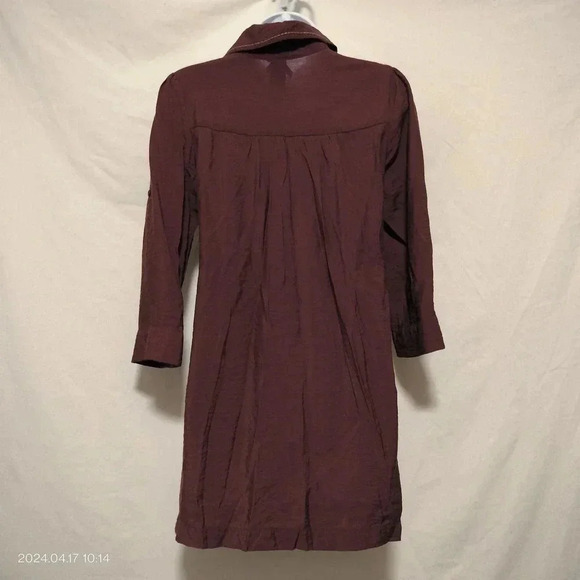MINE size Medium Long Sleeves Smock Bodice Button Up Mini Belted Dress Burgundy - Picture 6 of 8
